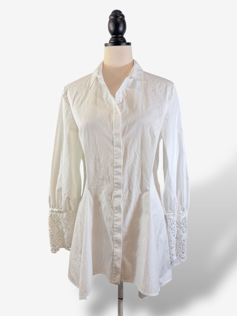 Lela Rose White Embroidered Eyelet Poplin Shirt Size 12 Puff Sleeve Button Front